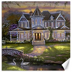 Landscape House River Bridge Swans Art Background Canvas 12  X 12   by Sapixe