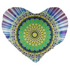 Power Mandala Sun Blue Green Yellow Lilac Large 19  Premium Heart Shape Cushions by EDDArt