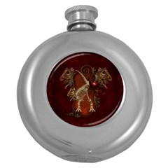 Awesome T Rex Skeleton, Vintage Background Round Hip Flask (5 Oz) by FantasyWorld7