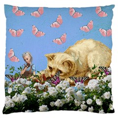 Cat And Butterflies Large Cushion Case (one Side) by snowwhitegirl