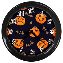 Funny Scary Black Orange Halloween Pumpkins Pattern Wall Clock (black) by HalloweenParty