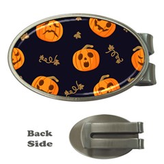 Funny Scary Black Orange Halloween Pumpkins Pattern Money Clips (oval)  by HalloweenParty