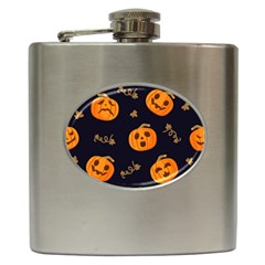 Funny Scary Black Orange Halloween Pumpkins Pattern Hip Flask (6 Oz) by HalloweenParty