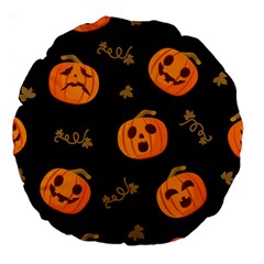 Funny Scary Black Orange Halloween Pumpkins Pattern Large 18  Premium Round Cushions by HalloweenParty