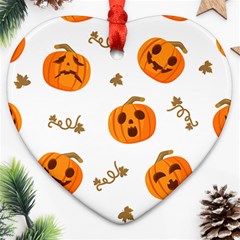 Funny Spooky Halloween Pumpkins Pattern White Orange Ornament (heart) by HalloweenParty