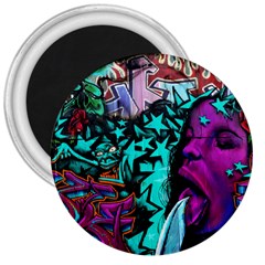 Graffiti Woman And Monsters Turquoise Cyan And Purple Bright Urban Art With Stars 3  Magnets by genx