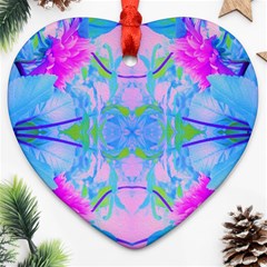 Pink And Purple Dahlia On Blue Pattern Ornament (heart) by myrubiogarden