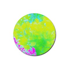 Fluorescent Yellow And Pink Abstract Garden Foliage Rubber Coaster (round)  by myrubiogarden