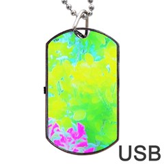 Fluorescent Yellow And Pink Abstract Garden Foliage Dog Tag Usb Flash (two Sides) by myrubiogarden