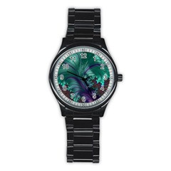 Fractal Turquoise Feather Swirl Stainless Steel Round Watch by Pakrebo