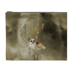 Cute Little Chihuahua With Hearts On The Moon Cosmetic Bag (xl) by FantasyWorld7