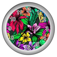 Neon Hibiscus Wall Clock (silver) by retrotoomoderndesigns