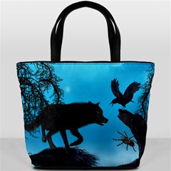 Awesome Black Wolf With Crow And Spider Bucket Bag by FantasyWorld7