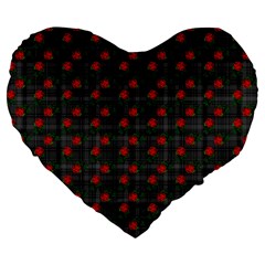 Roses Black Plaid Large 19  Premium Flano Heart Shape Cushions by snowwhitegirl