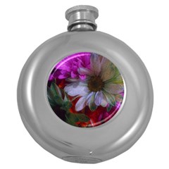 Grainy Green Flower (with Blue Tint) Round Hip Flask (5 Oz) by okhismakingart