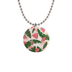 Tropical Watermelon Leaves Pink And Green Jungle Leaves Retro Hawaiian Style 1  Button Necklace by genx