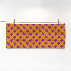 Pink Stars Pattern On Yellow Hand Towel by BrightVibesDesign