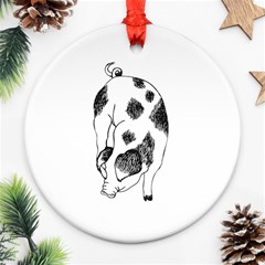 Pig Sniffing Hand Drawn With Funny Cow Spots Black And White Round Ornament (two Sides) by genx