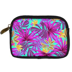 Tropical Greens Pink Leaves Digital Camera Leather Case by HermanTelo