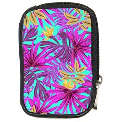 Tropical Greens Pink Leaves Compact Camera Leather Case by HermanTelo