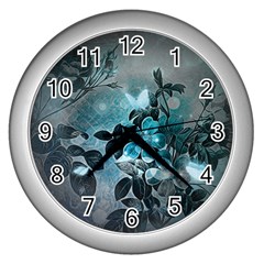 Elegant Floral Design With Butterflies Wall Clock (silver) by FantasyWorld7