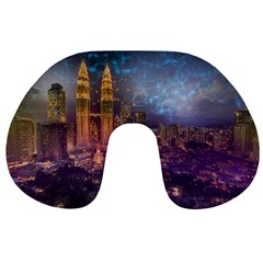 City Lights Skyline Buildings Travel Neck Pillow by Wegoenart