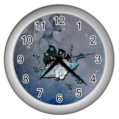 Sport, Surfboard With Flowers And Fish Wall Clock (silver) by FantasyWorld7