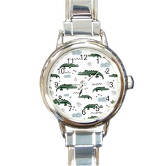 Vector Seamless Pattern With Cute Crocodiles Round Italian Charm Watch by Vaneshart