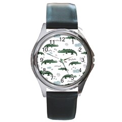 Vector Seamless Pattern With Cute Crocodiles Round Metal Watch by Vaneshart