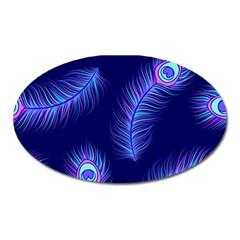 Seamless Pattern With Colorful Peacock Feathers Dark Blue Background Oval Magnet by Vaneshart