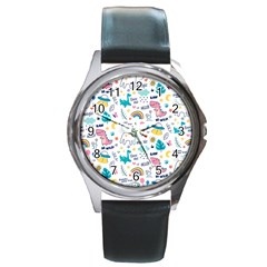 Colorful Doodle Animals Words Pattern Round Metal Watch by Vaneshart