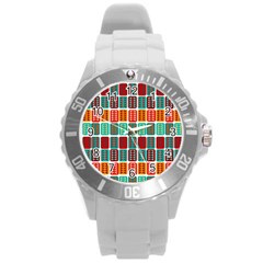 Bricks Abstract Seamless Pattern Round Plastic Sport Watch (l) by Vaneshart