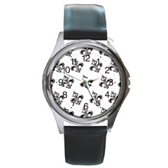 French France Fleur De Lys Metal Pattern Black And White Antique Vintage Round Metal Watch by Quebec