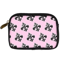 French France Fleur De Lys Metal Pattern Black And White Antique Vintage Pink And Black Rocker Digital Camera Leather Case by Quebec