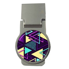 Retrowave Aesthetic Vaporwave Retro Memphis Triangle Pattern 80s Yellow Turquoise Purple Money Clips (round)  by genx