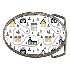 Abstract Seamless Pattern With Cute Houses Trees Road Belt Buckles by Vaneshart