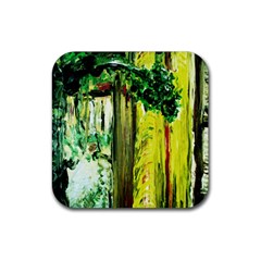 Old Tree And House With An Arch 8 Rubber Coaster (square)  by bestdesignintheworld