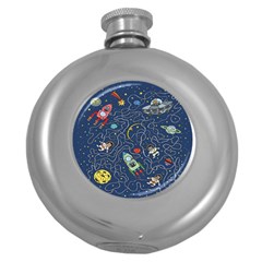 Cat Cosmos Cosmonaut Rocket Round Hip Flask (5 Oz) by Wegoenart