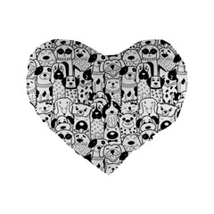 Seamless Pattern With Black White Doodle Dogs Standard 16  Premium Heart Shape Cushions by Vaneshart