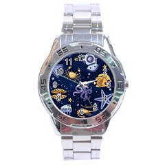 Marine Seamless Pattern Thin Line Memphis Style Stainless Steel Analogue Watch by BangZart