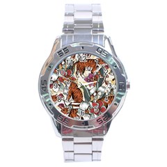 Natural Seamless Pattern With Tiger Blooming Orchid Stainless Steel Analogue Watch by BangZart