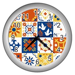 Mexican Talavera Pattern Ceramic Tiles With Flower Leaves Bird Ornaments Traditional Majolica Style Wall Clock (silver) by BangZart