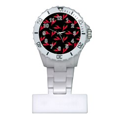 Red, Hot Jalapeno Peppers, Chilli Pepper Pattern At Black, Spicy Plastic Nurses Watch by Casemiro