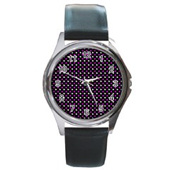 White And Pink Hearts At Black, Vector Handrawn Hearts Pattern Round Metal Watch by Casemiro