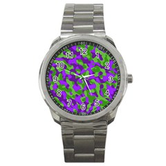 Purple And Green Camouflage Sport Metal Watch by SpinnyChairDesigns