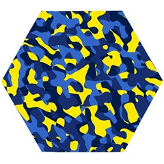 Blue And Yellow Camouflage Pattern Wooden Puzzle Hexagon by SpinnyChairDesigns