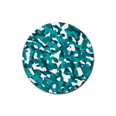 Teal And White Camouflage Pattern Rubber Round Coaster (4 Pack)  by SpinnyChairDesigns