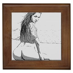 Beauty At The Beach, Sexy Girl Illustration, Black And White Framed Tile by Casemiro