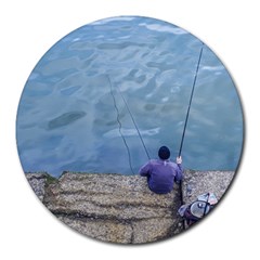 Senior Man Fishing At River, Montevideo, Uruguay001 Round Mousepads by dflcprintsclothing