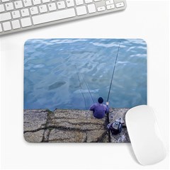 Senior Man Fishing At River, Montevideo, Uruguay001 Large Mousepads by dflcprintsclothing